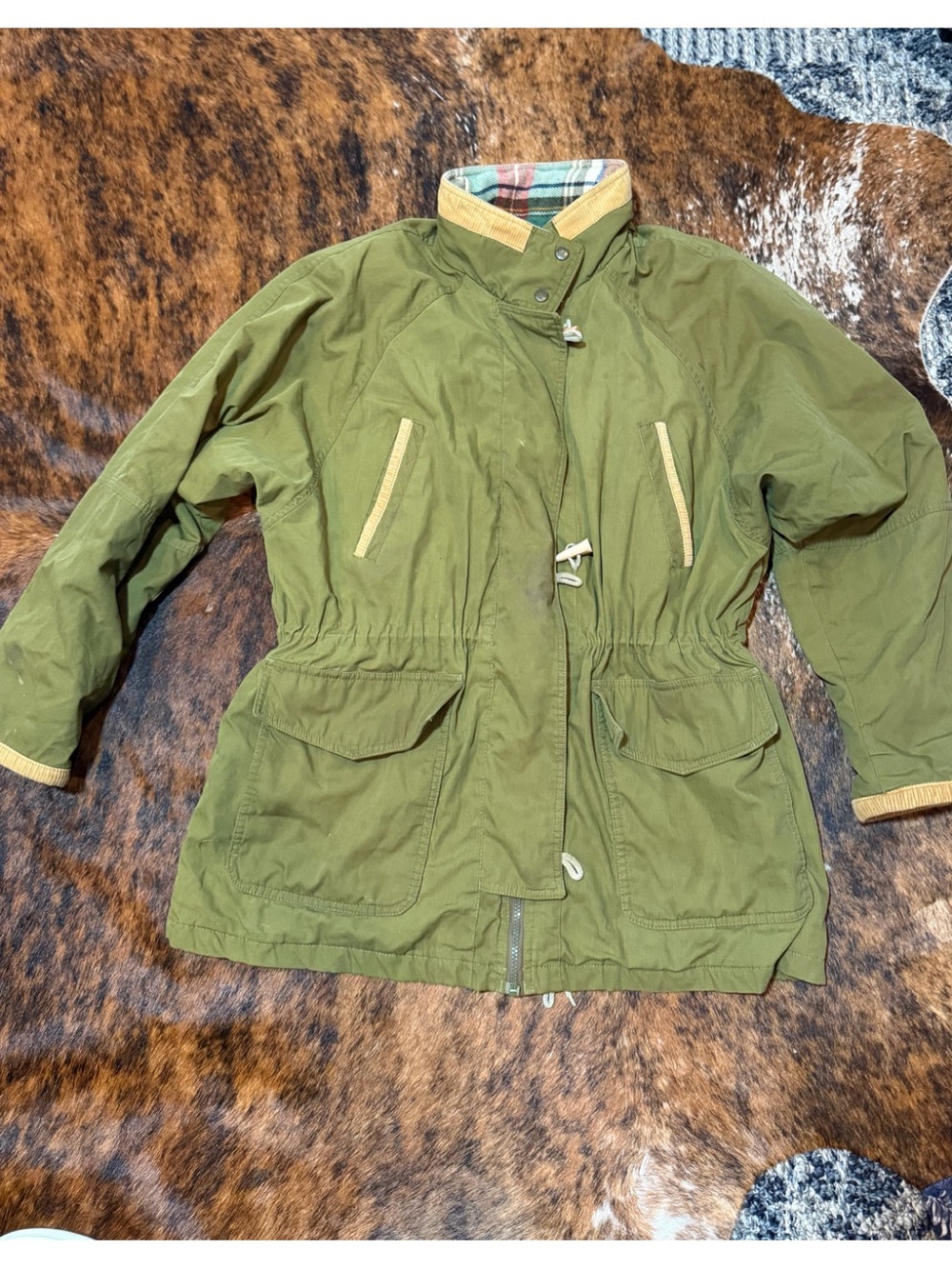 Vintage River Edge Toggle utility Olive Green Coat 80’s With Plaid Womens Sz XL